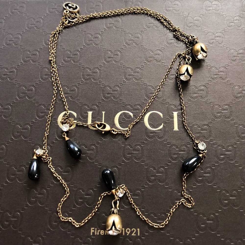 Gucci Crystal GG Rose Bead Chain Charm Necklace